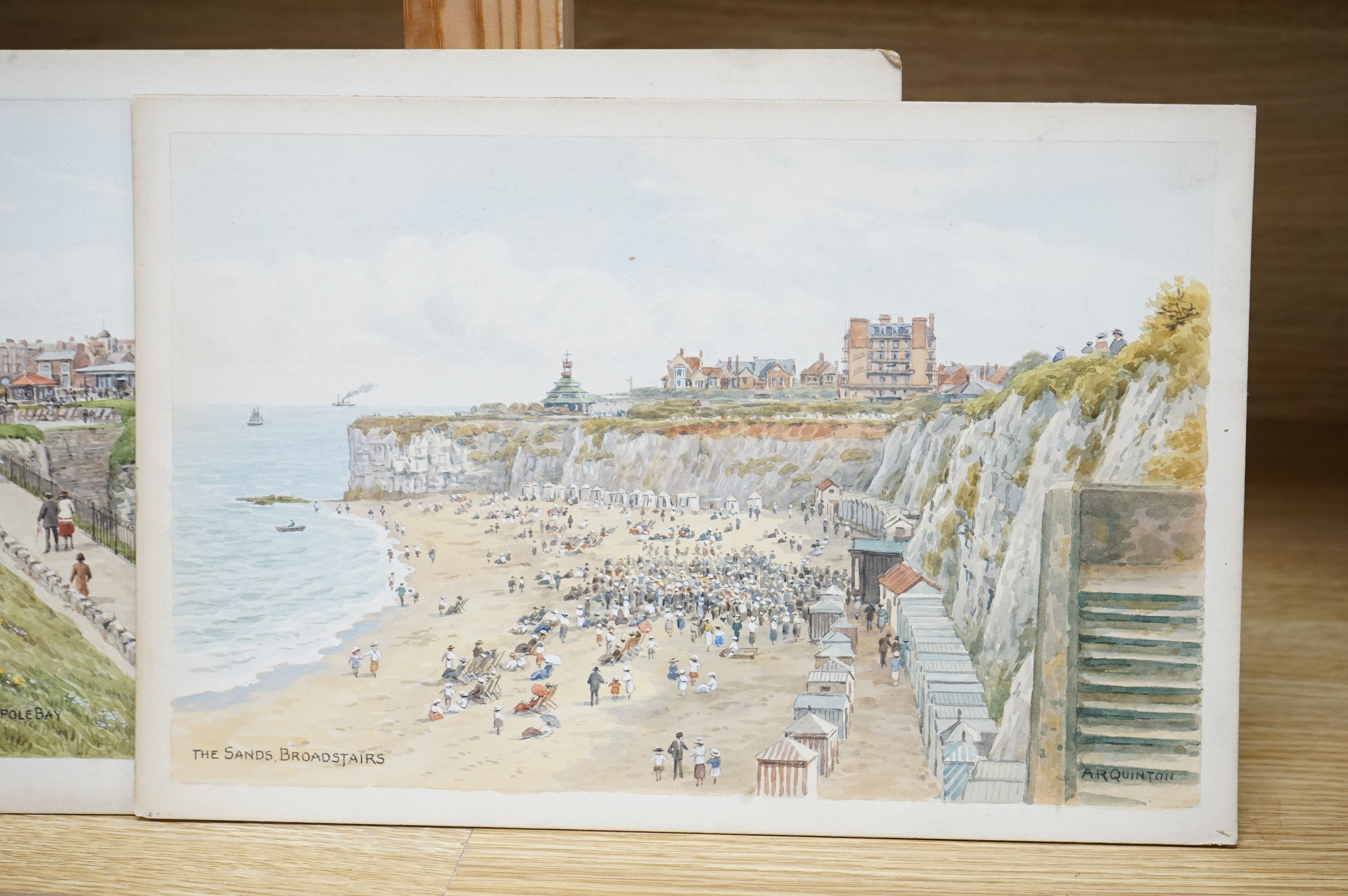 Alfred Robert Quinton (1853-1934), set of four watercolours for postcard designs of Kent Coastal scenes comprising, ‘Central Parade Beach, Deal’, ‘The Sands, Broadstairs’, ‘Ramsgate Sands’ and ‘Bathing Station, Walpole W
